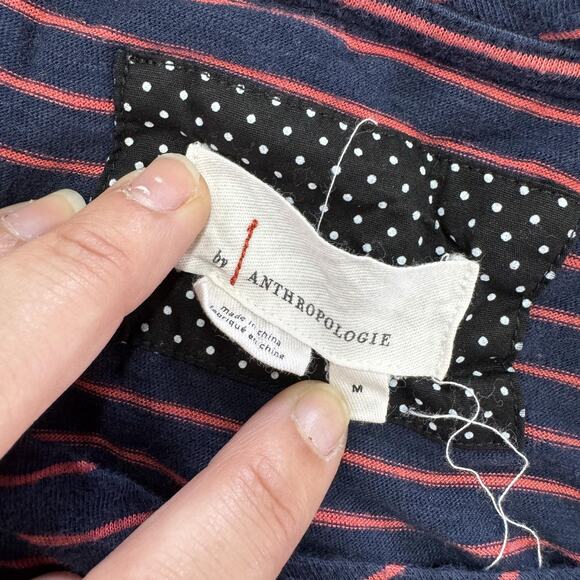 J by Anthropologie Shirt Womens Medium Navy Stripe Peplum Ruffle Short Sleeve - Picture 3 of 8